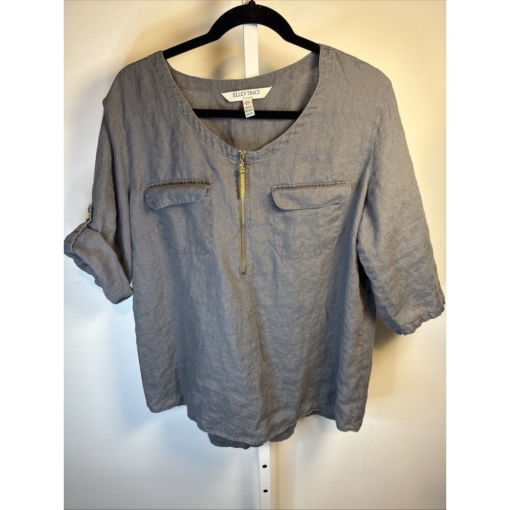 Ellen Tracy 100% Linen Gray Tunic Gold Zip Top XL Lagenlook Coastal Roll tab